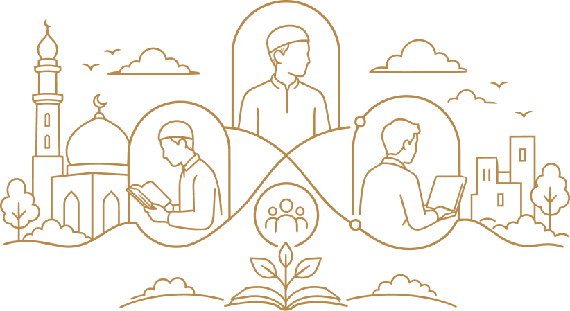 Illustration of scholars learning near a mosque